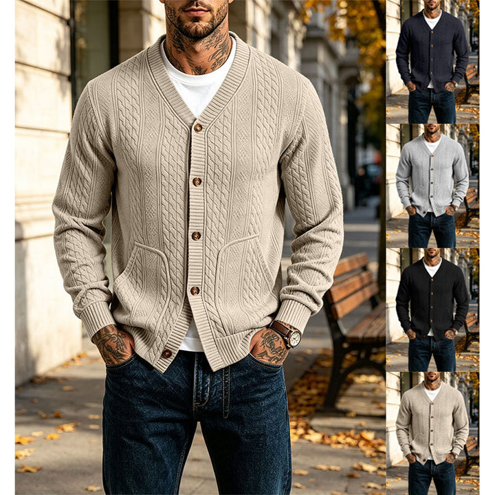 Herren Gestrickte Strickjacke mit Zopfmuster, V‑Ausschnitt und aufgesetzten Taschen Drune