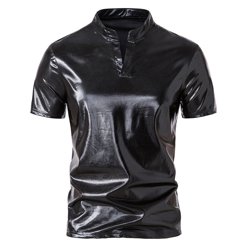 Herren modisches Metallic-T-Shirt mit hohem Kragen und kreativem Schnitt Drune