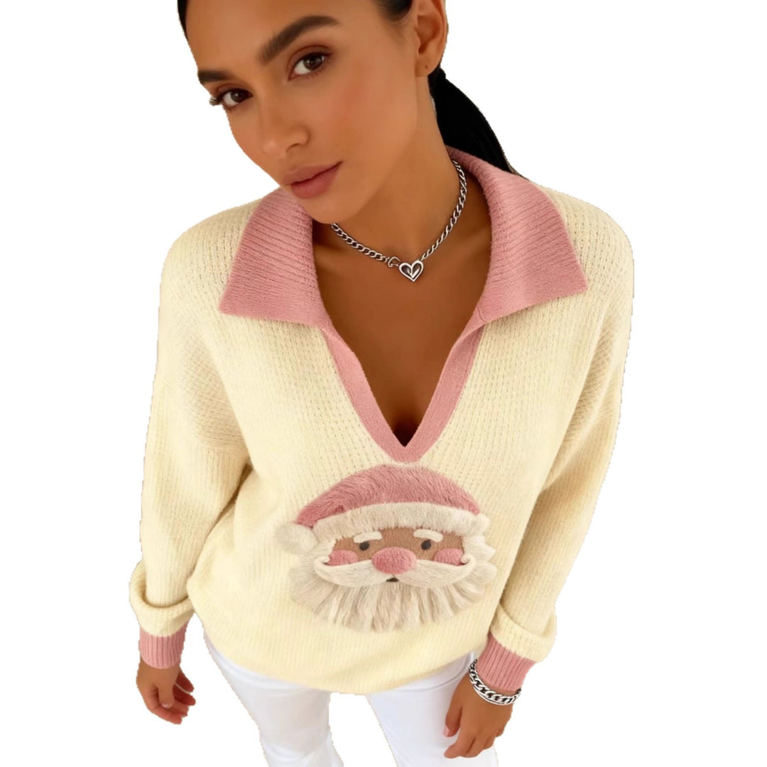 Damen Weicher Strickpullover mit V-Kragen, Polokragen und 3D-Weihnachtsmotiv Drune