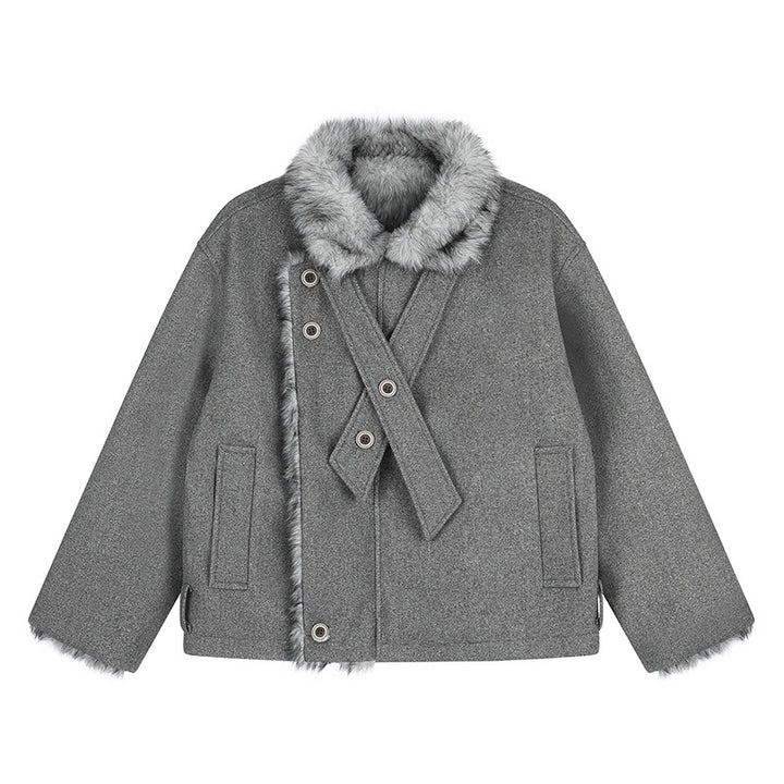 Damen Kurz geschnittene Wolljacke mit Kunstfellbesatz und asymmetrischer Knopfleiste Drune
