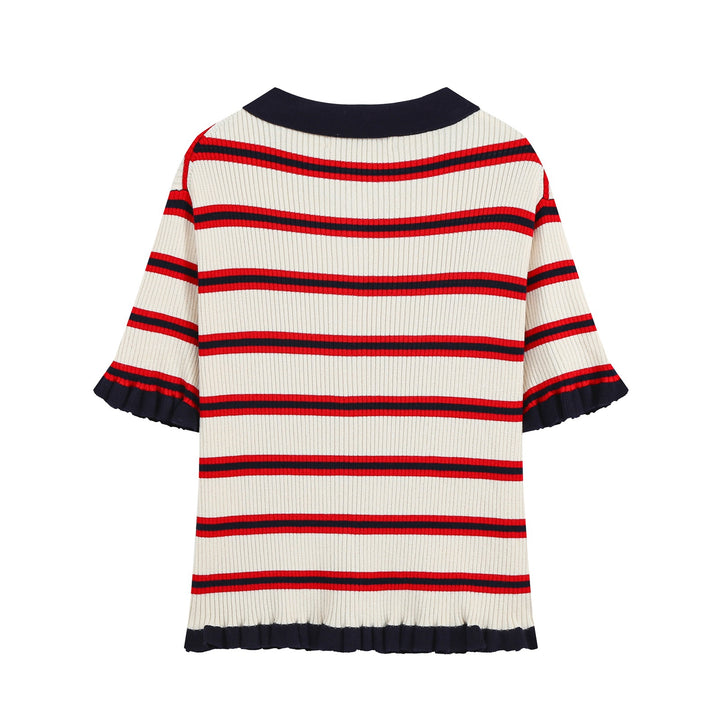 Damen Kurzärmelige gerippte Polokragen-Strickjacke mit Knopfleiste und Volantsaum Drune