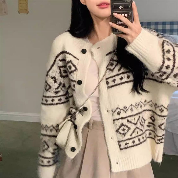 Damen Gemusterte Strickjacke aus weichem Material mit Knopfverschluss Drune