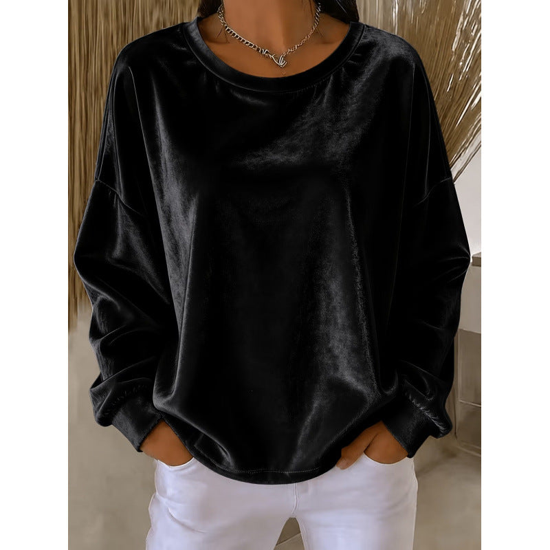 Damen Samt-Oversize-Sweatshirt mit Rundhalsausschnitt und eingesetzter Schulter Drune