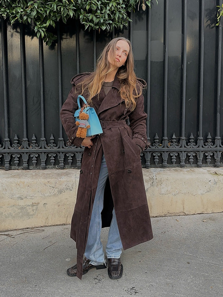 Damen Edler Suede-Trenchcoat mit breitem Kragen und praktischen Taschen Drune
