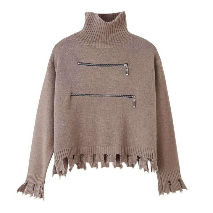Damen stylischer Stehkragenpullover mit zwei asymmetrischen Reißverschlusstaschen und fransigem Saum Drune