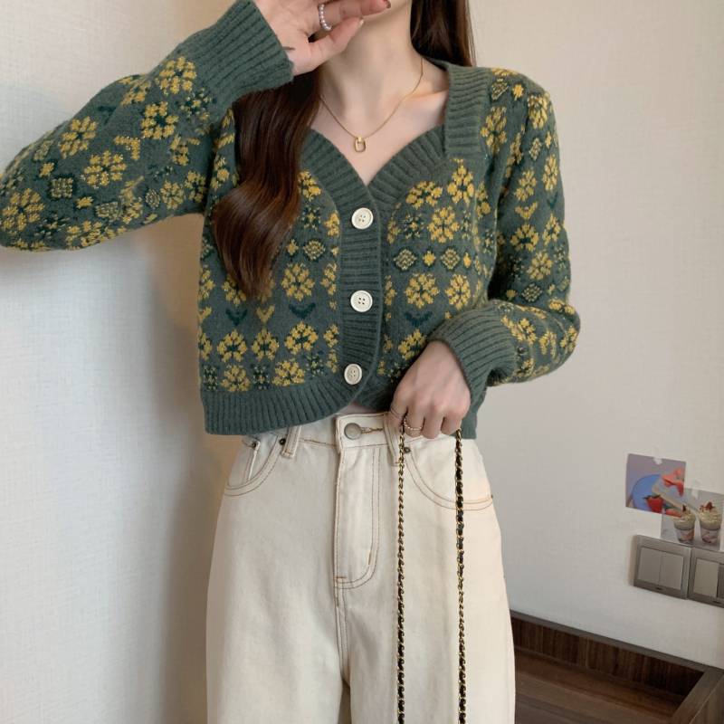 Damen verspielte gestrickte Blütenjacke mit breiten Bündchen Drune