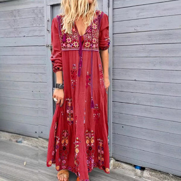 Damen nan besticktes Maxikleid mit langen Ärmeln, Quastenverschluss und folkloristischer Stickerei Drune