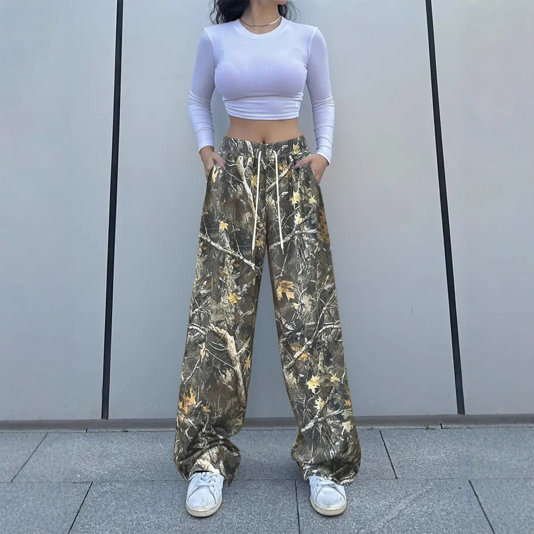 Damen Weite Palazzo-Loungehose im Camouflage-Blattmuster mit Elastikbund, Tunnelzug und Eingrifftaschen Drune