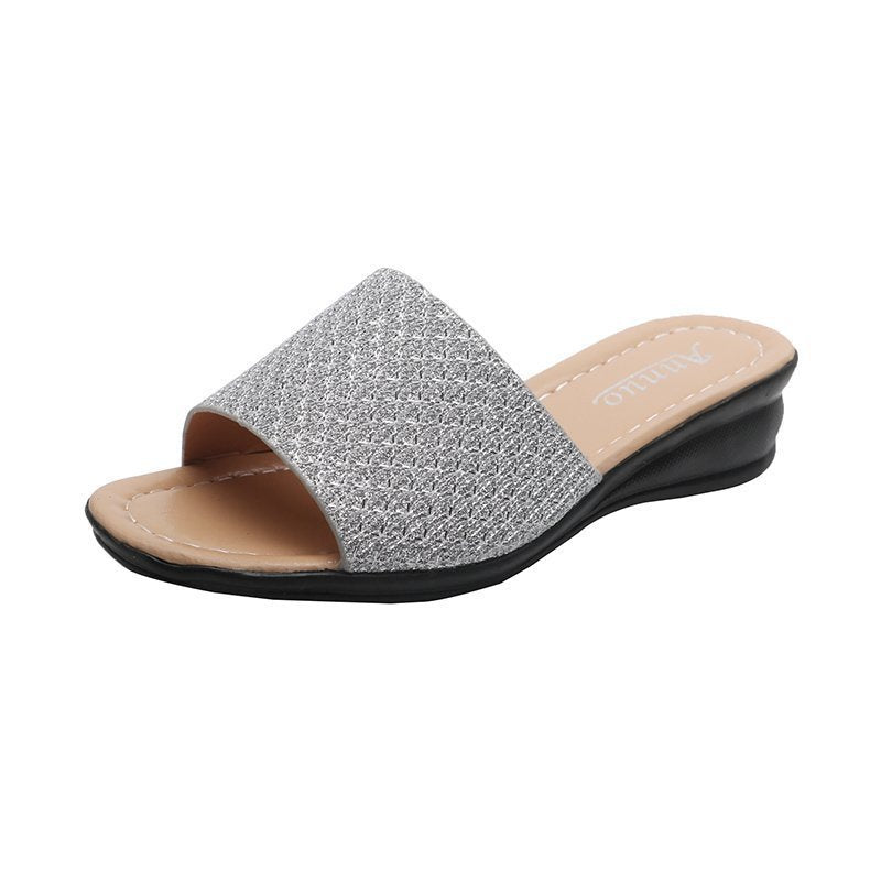 Damen nan Glitzerslipper mit breiter Riemenfront, offenem Zehenbereich, gepolstertem Komfortfußbett und leichtem Keilabsatz Drune