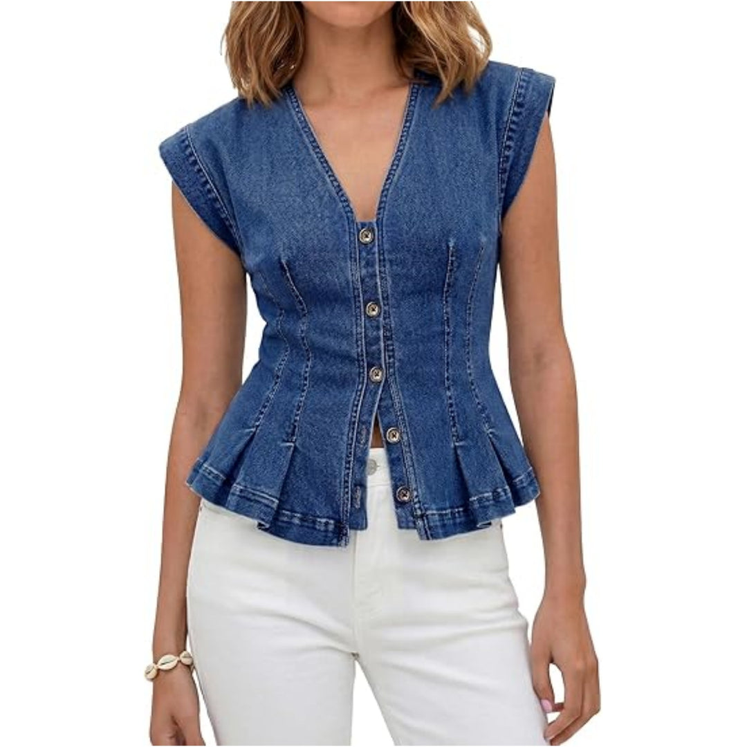 Damen Tailliertes Jeans-Top mit Schößchen und Knopfleiste Drune