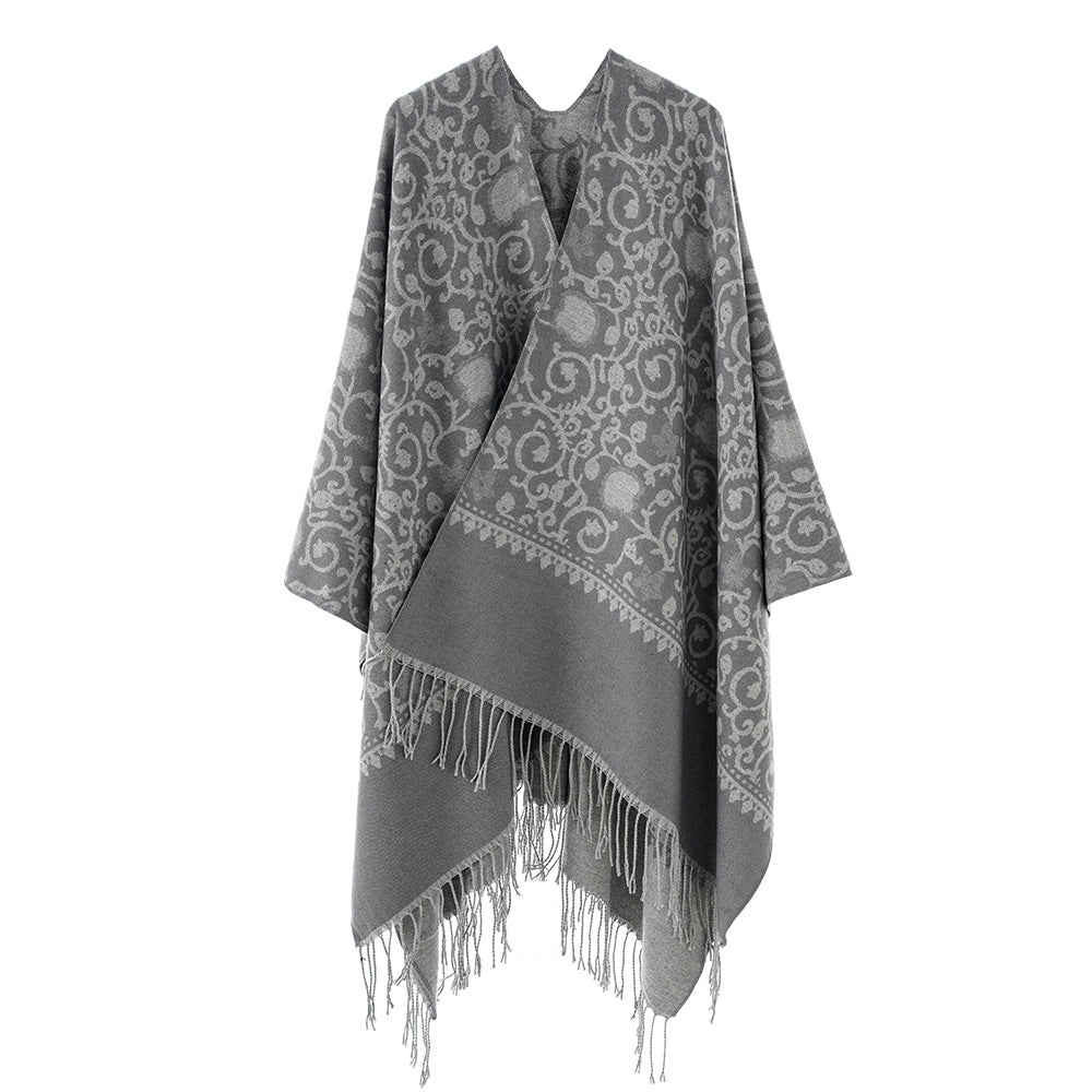 Damen Jacquard-Ruana mit ornamentalem Bordürenmuster und Fransensaum Drune