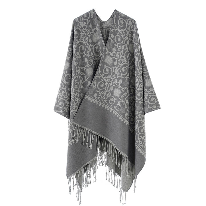 Damen Jacquard-Ruana mit ornamentalem Bordürenmuster und Fransensaum Drune