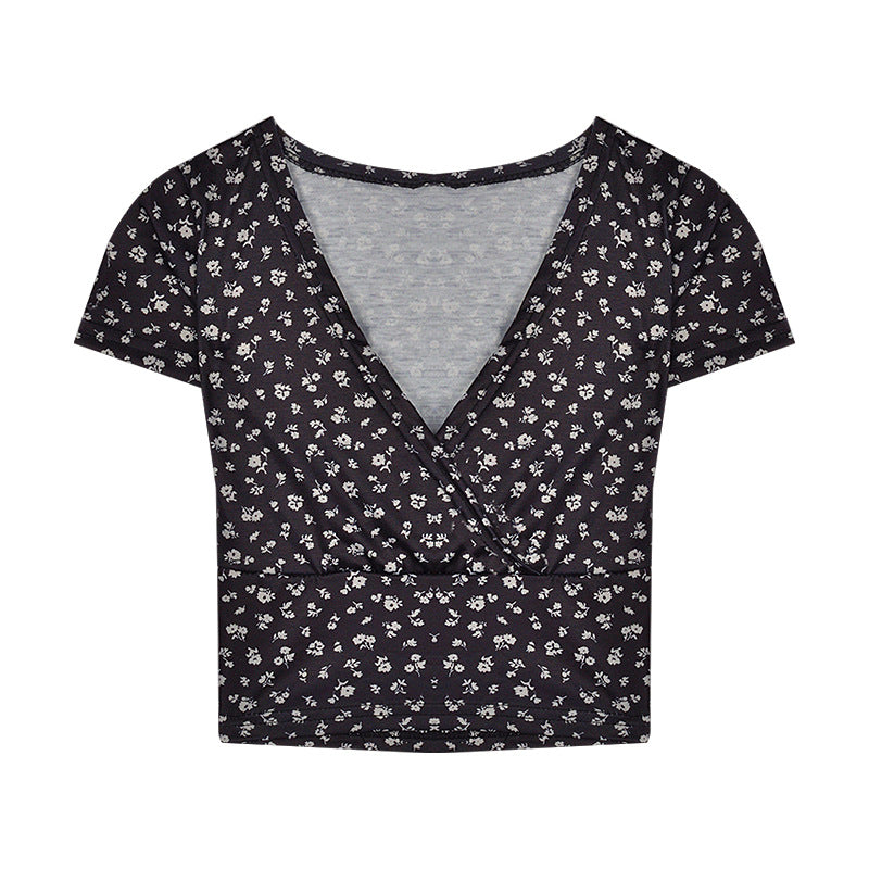 Damen Crop-Top mit floralem Muster und elegantem V-Ausschnitt Drune