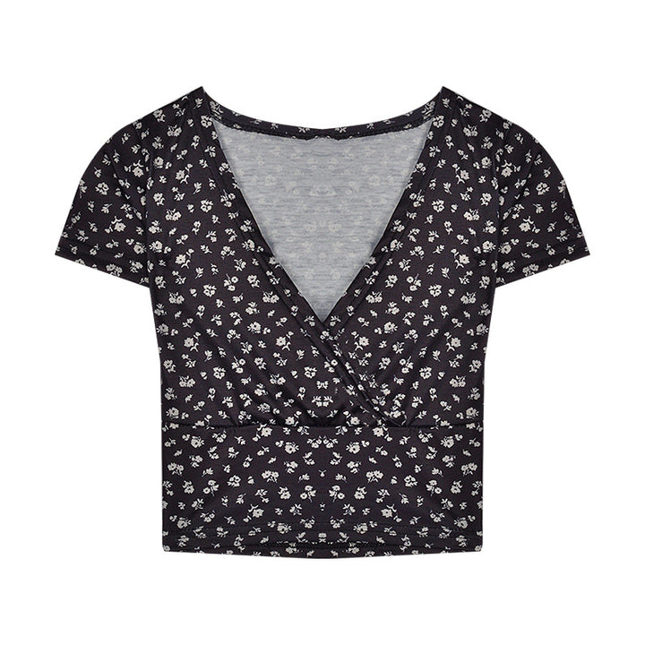 Damen Crop-Top mit floralem Muster und elegantem V-Ausschnitt Drune