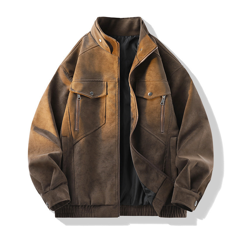 Herren Vintage-Optik Wildlederjacke mit Stehkragen, Utility-Taschen und Reißverschluss Drune