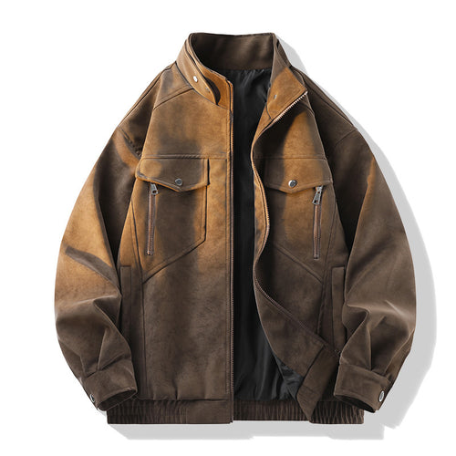 Herren Vintage-Optik Wildlederjacke mit Stehkragen, Utility-Taschen und Reißverschluss Drune