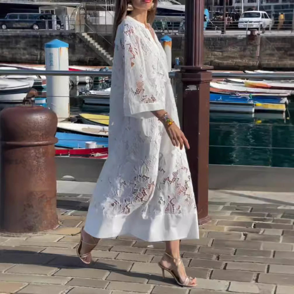 Damen nan luftiges Spitzen-Maxikleid mit floraler Ajourstickerei, lockerem Kimonoärmelschnitt und leichtem Unterkleid Drune