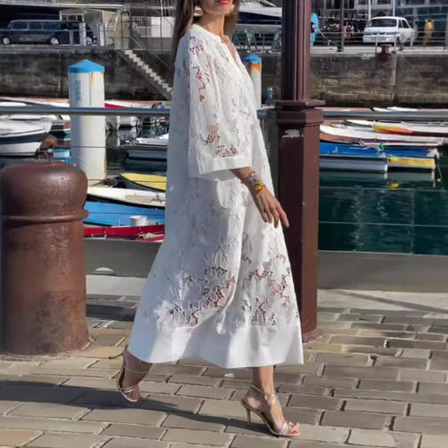 Damen nan luftiges Spitzen-Maxikleid mit floraler Ajourstickerei, lockerem Kimonoärmelschnitt und leichtem Unterkleid Drune