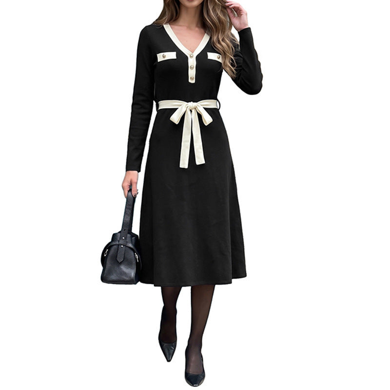 Damen Elegantes Langarmkleid mit Gürtel Drune
