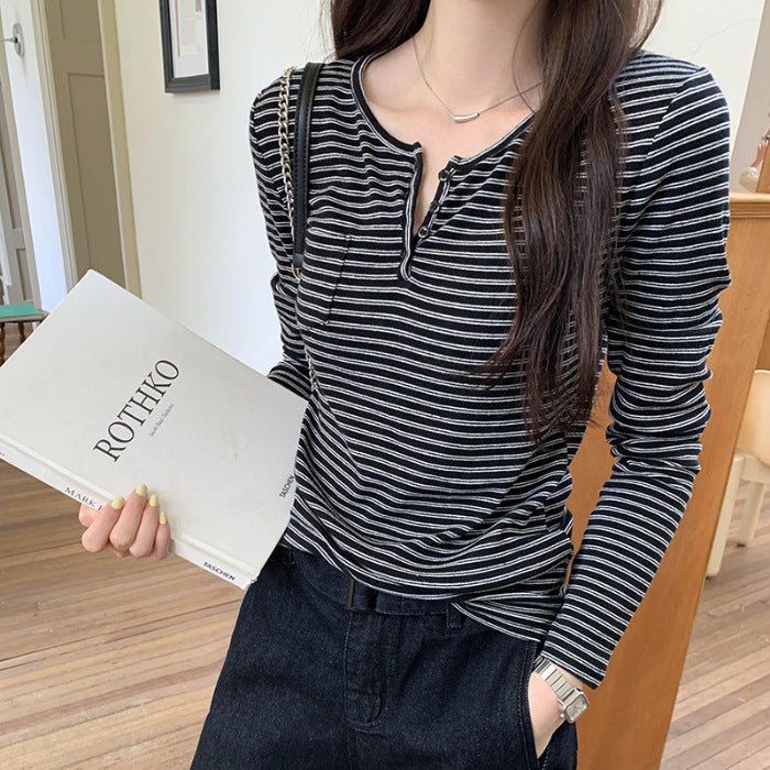 Damen modisches Langarmshirt mit Knopfleiste und Streifenmuster Drune
