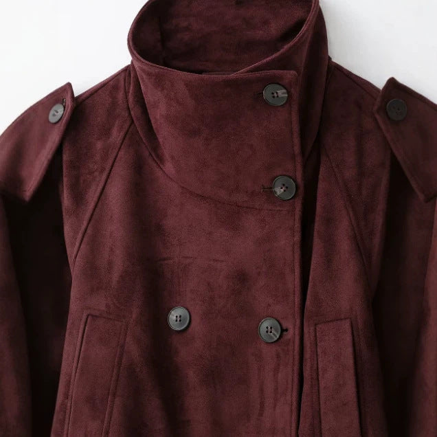 Damen Kurzjacke aus Wildlederimitat mit hohem Stehkragen und Bindegürtel Drune