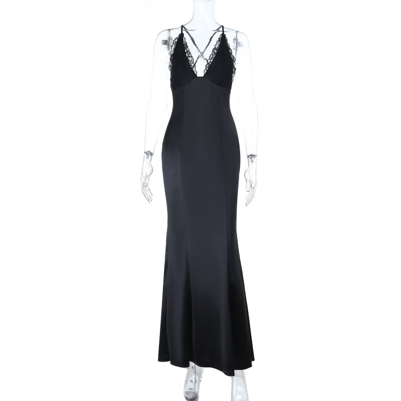 Damen elegantes langes Kleid mit verführerischem Spitzendetail und tiefem Ausschnitt Drune