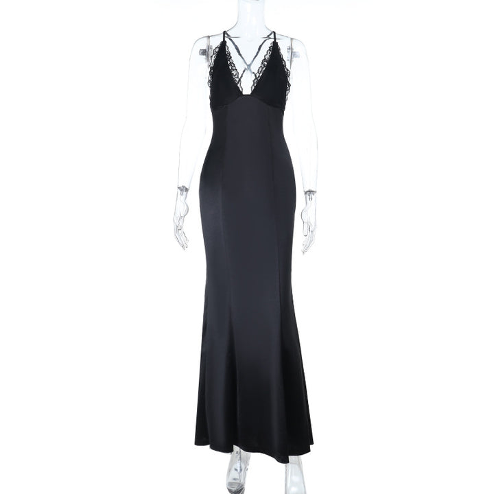 Damen elegantes langes Kleid mit verführerischem Spitzendetail und tiefem Ausschnitt Drune