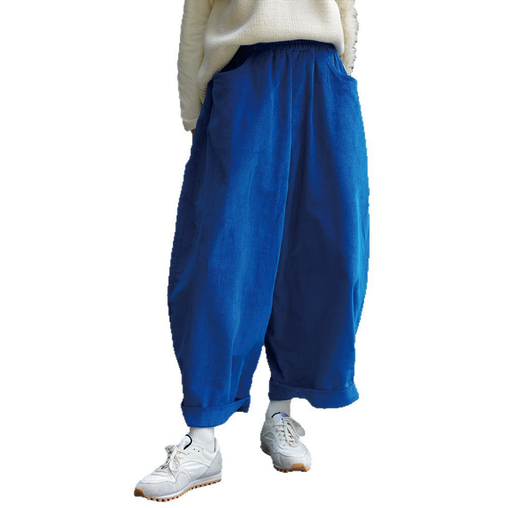 Damen weite Cordhose mit hohem elastischem Bund und aufgekrempeltem Saum Drune