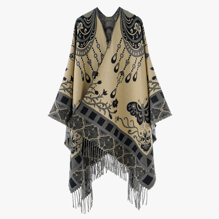 Damen Jacquard-Statement-Poncho mit Paisley- und Schmetterlingsmotiv sowie Fransen Drune