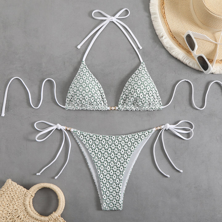 Damen Triangel-Bikini-Set mit floralem Muster und raffinierten Bändern Drune