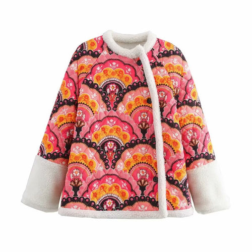 Damen gesteppte Jacke mit Teddyfutter und retro-inspiriertem Allover-Print Drune