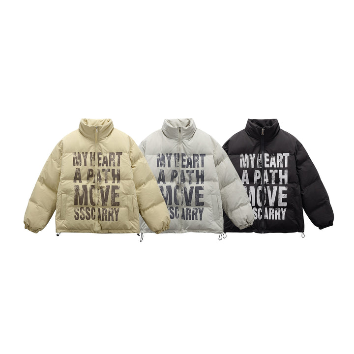 Unisex Oversize Steppjacke mit hohem Stehkragen und Statement-Print Drune