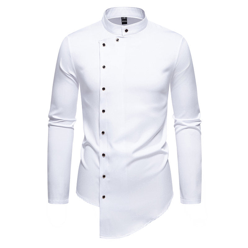 Herren elegantes Langarm-Hemd mit modernem Stehkragen und asymmetrischem Schnitt Drune