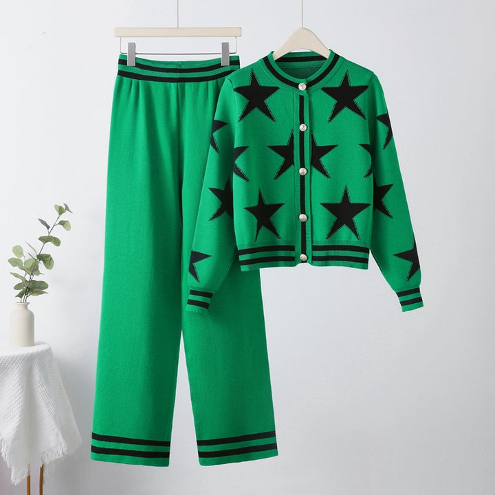 Damen modisches Strick-Loungewear-Set mit Sternenmuster und kontrastierenden Details Drune
