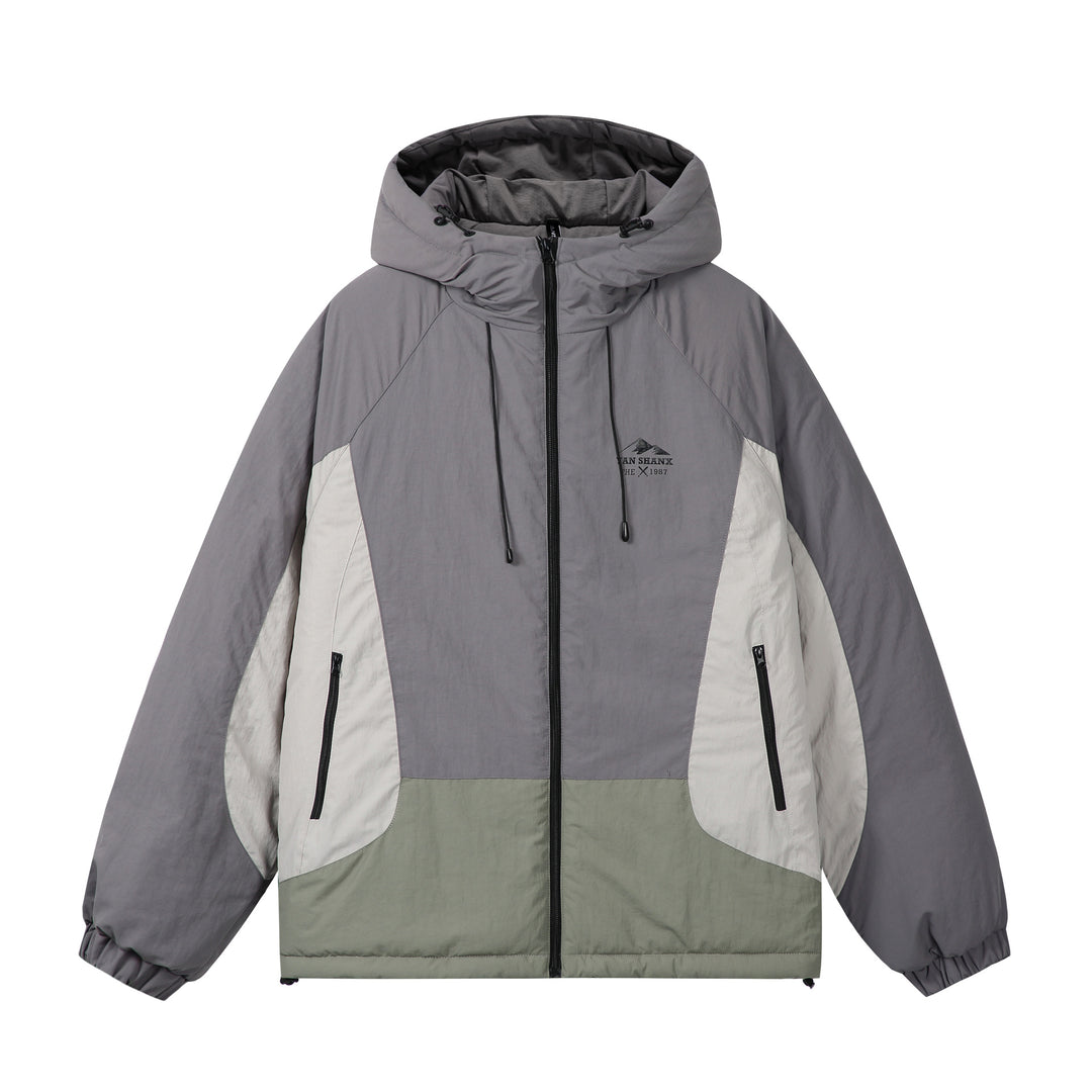 Unisex Boxy Colorblock Kapuzenpufferjacke mit winddichter Hülle und Reißverschlusstaschen Drune