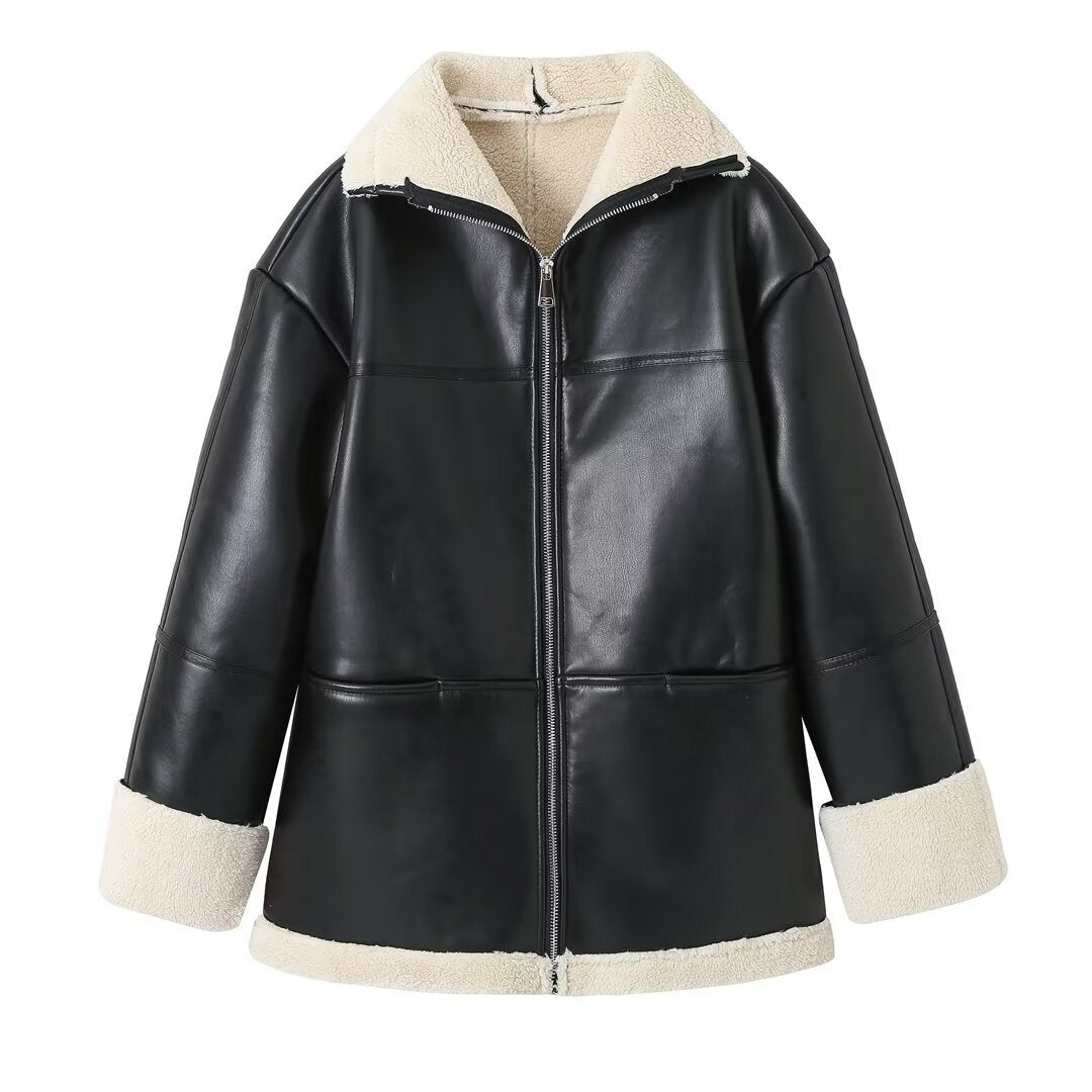 Damen nan kastiger Kunstleder-Mantelblouson mit voluminösem Teddykragen, wärmendem Sherpa‑Futter und durchgehendem Reißverschluss Drune