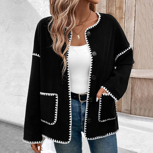 Damen Lockerer Rundhalsausschnitt-Cardigan mit kontrastierender Zierstich-Naht, Knopfleiste & aufgesetzten Taschen Drune