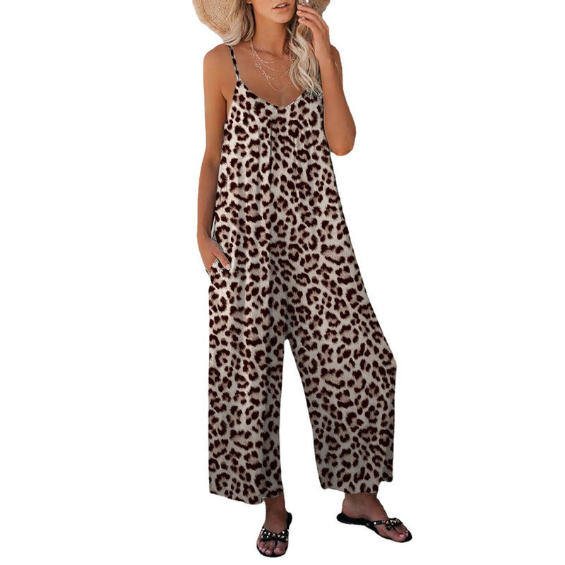 Drune | Leopard-Print-Tasche Lockerer Träger Einteiler Overall