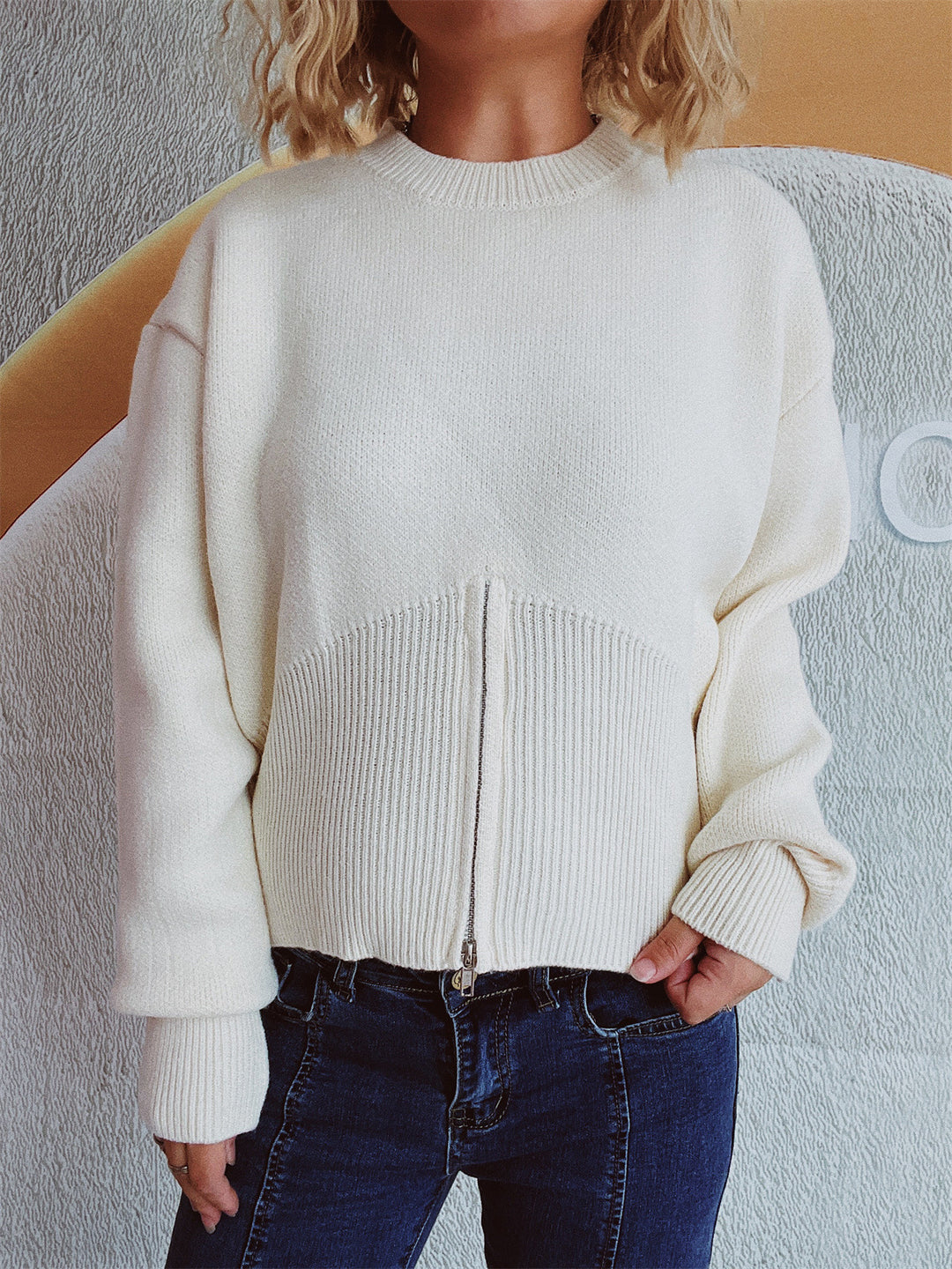 Damen gestreifter Pullover mit trendbewusstem Reißverschluss Drune