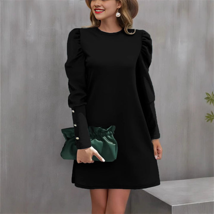Damen Elegantes A-Linien-Minikleid mit betonten Puffärmeln und Perlenknopf-Ärmelmanschetten Drune