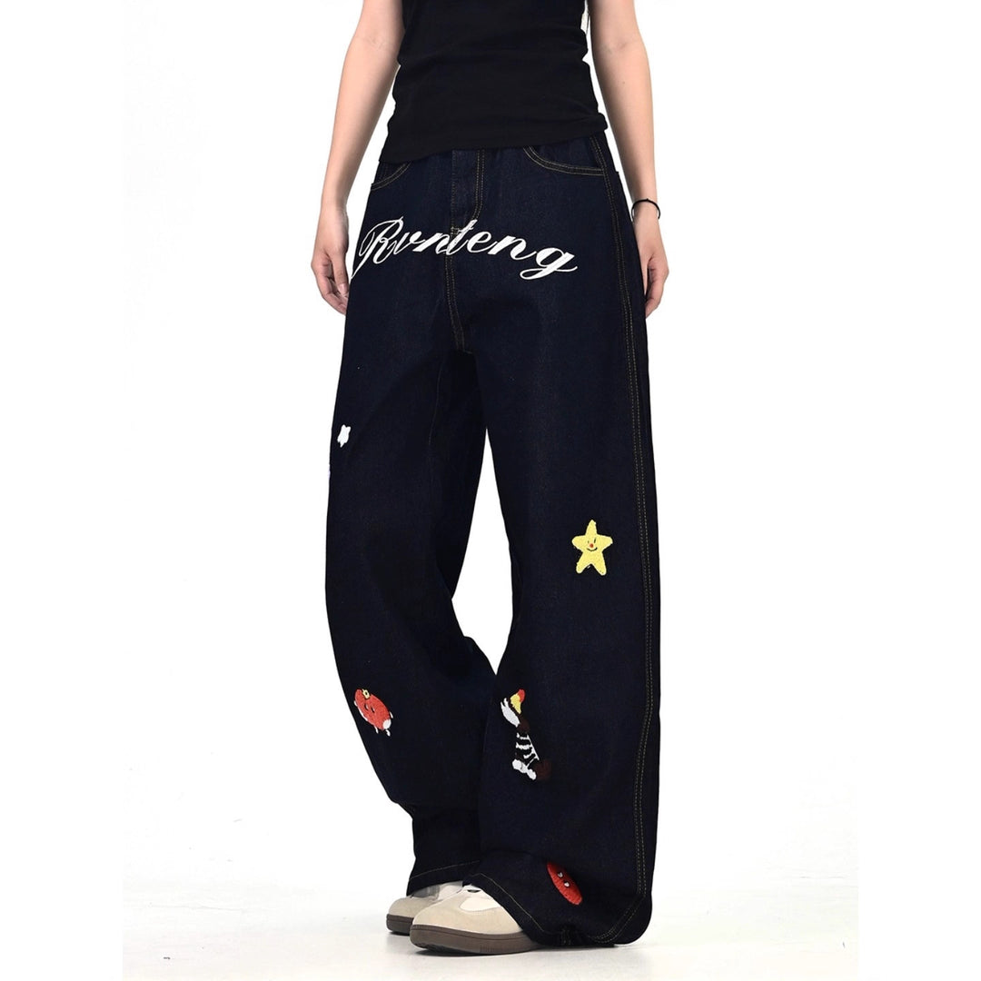 Damen Weitgeschnittene Kostümjeans mit buntem Stickdesign Drune