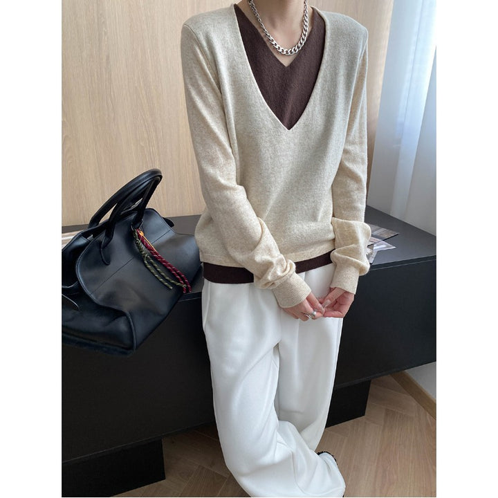 Damen eleganter V-Ausschnitt Pullover mit feiner Rippstruktur und weichem Material Drune