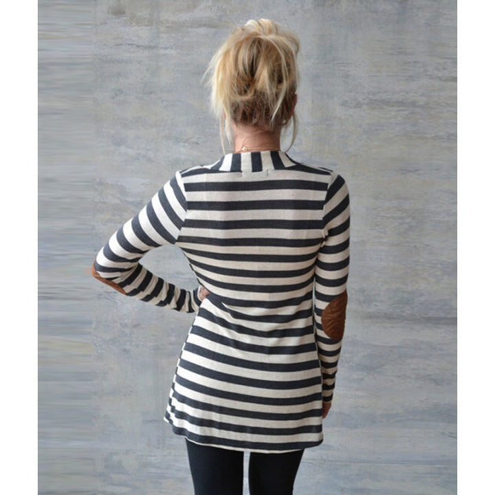 Damen Gestreifter Longcardigan mit offenem Waterfall-Schnitt und Ellbogen-Patches Drune