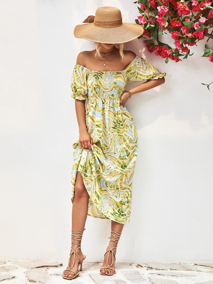 Damen Off-Shoulder Maxikleid mit floralen Akzenten und elastischer Taillierung Drune