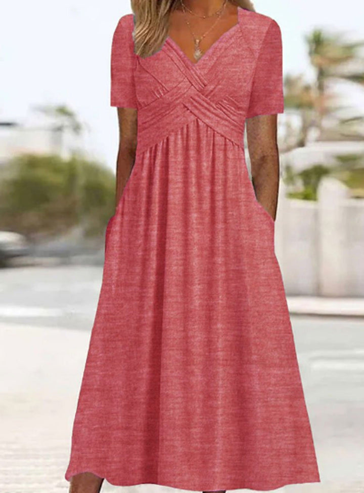 Damen nan luftiges V-Ausschnitt Midikleid mit überkreuzter Brustpartie, kurzen Ärmeln und Eingrifftaschen Drune