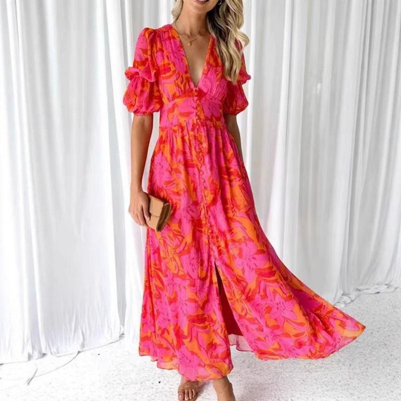 Damen Maxikleid mit floralem Design, tiefem V-Ausschnitt und seitlichem Schlitz Drune