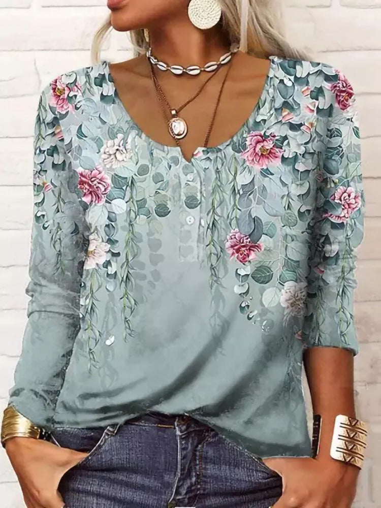 Damen Boho-Tunika mit floralen Hängeranken, V-Ausschnitt und dreiviertelärmeln Drune