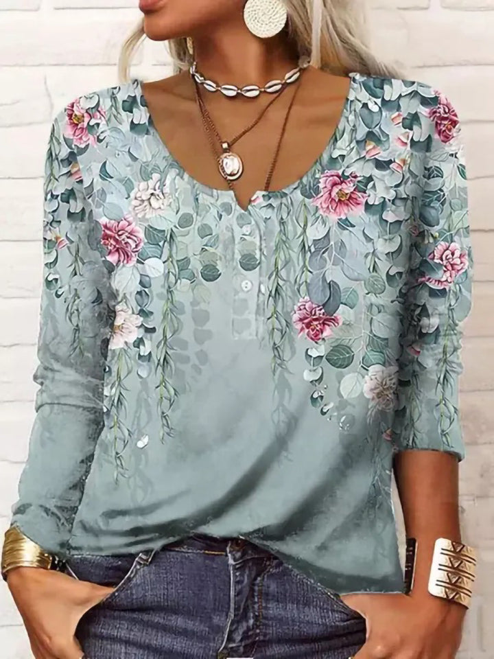 Damen Boho-Tunika mit floralen Hängeranken, V-Ausschnitt und dreiviertelärmeln Drune