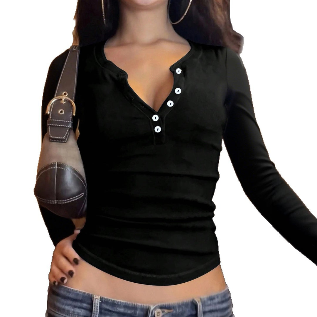 Damen nan tailliertes Henley-Longsleeve mit V-Knopfleiste, figurformendem Stretchjersey und schmaler Silhouette Drune