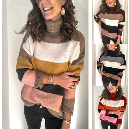 Damen Oversize Rollkragenpullover mit breiten Blockstreifen und weichem Strick Drune